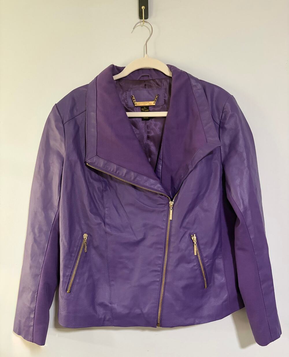 IMAN Purple Genuine Leather Moto Jacket Women's XL Gold Zip Biker